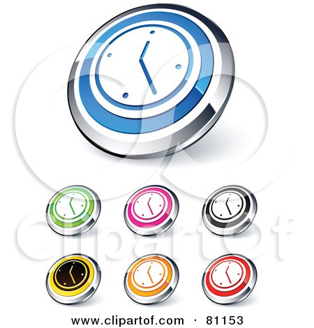 Royalty-Free (RF) Clipart Illustration of a Digital Collage Of Shiny Colored And Chrome Wall Clock Website Buttons by beboy