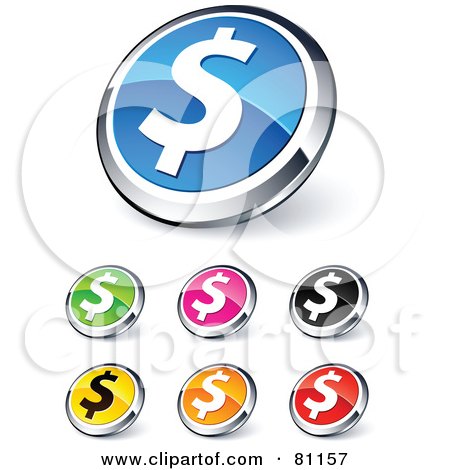 Royalty-Free (RF) Clipart Illustration of a Digital Collage Of Shiny Colored And Chrome Financial Dollar Website Buttons by beboy