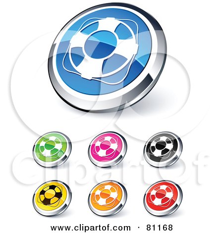 Royalty-Free (RF) Clipart Illustration of a Digital Collage Of Shiny Colored And Chrome Life Buoy Website Buttons by beboy