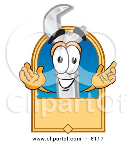 Clipart Picture of a Wrench Mascot Cartoon Character With a Blank Tan Label by Mascot Junction