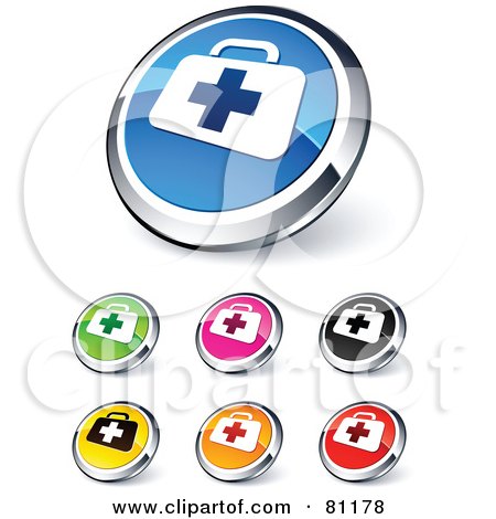 Royalty-Free (RF) Clipart Illustration of a Digital Collage Of Shiny Colored And Chrome First Aid Website Buttons by beboy