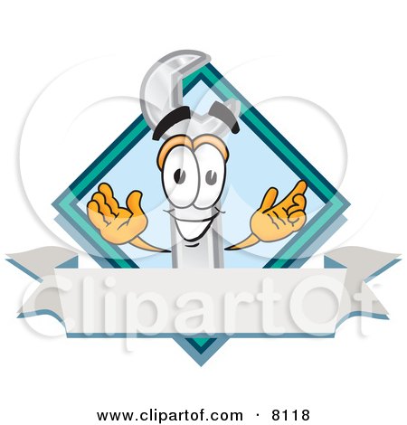 Clipart Picture of a Wrench Mascot Cartoon Character With a Blank White Label by Mascot Junction