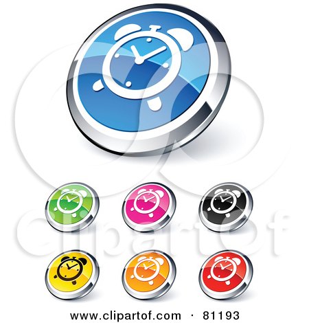 Royalty-Free (RF) Clipart Illustration of a Digital Collage Of Shiny Colored And Chrome Alarm Clock Website Buttons by beboy