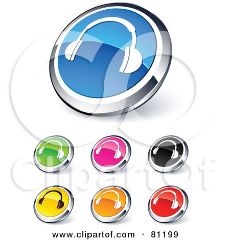 Royalty-Free (RF) Clipart Illustration of a Digital Collage Of Shiny Colored And Chrome Headphones Website Buttons by beboy