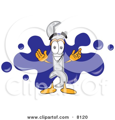 Clipart Picture of a Wrench Mascot Cartoon Character Logo With a Paint Splatter by Mascot Junction