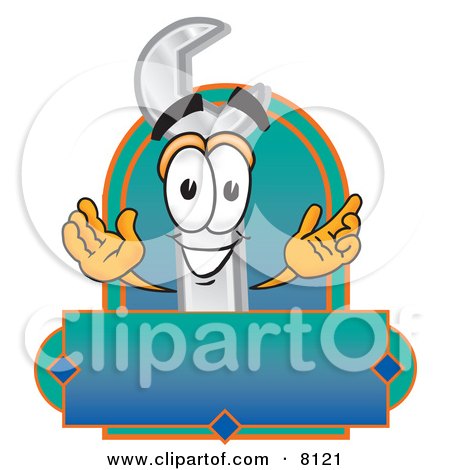Clipart Picture of a Wrench Mascot Cartoon Character With a Blank Label by Mascot Junction