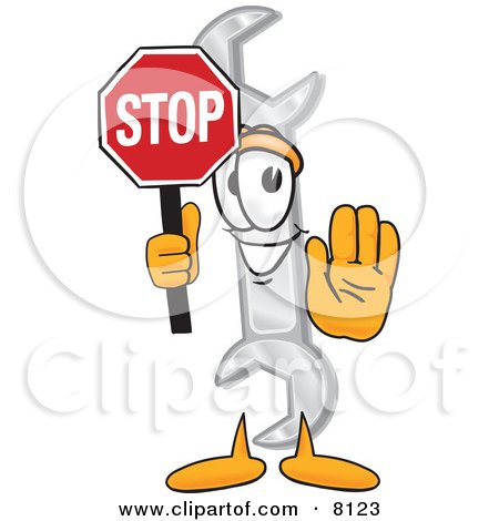Clipart Picture of a Wrench Mascot Cartoon Character Holding a Stop Sign by Mascot Junction
