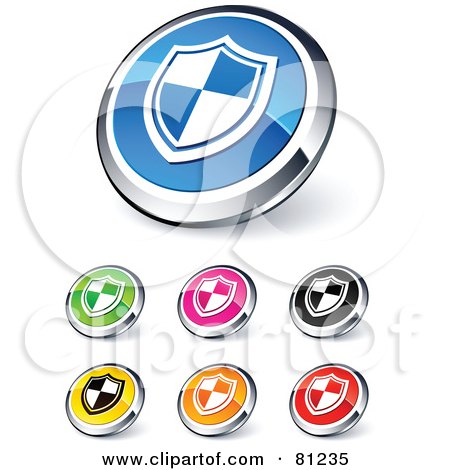 Royalty-Free (RF) Clipart Illustration of a Digital Collage Of Shiny Colored And Chrome Shield Website Buttons by beboy