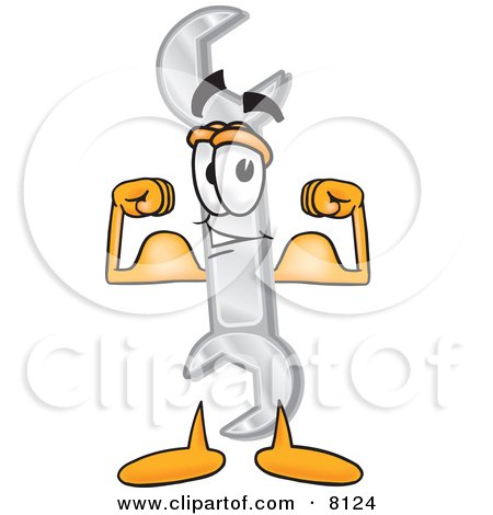 Clipart Picture of a Wrench Mascot Cartoon Character Flexing His Arm Muscles by Mascot Junction