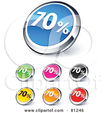 Royalty-Free (RF) Clipart Illustration of a Digital Collage Of Shiny Colored And Chrome 70 Percent Website Buttons by beboy