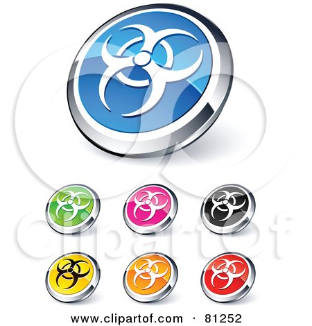 Royalty-Free (RF) Clipart Illustration of a Digital Collage Of Shiny Colored And Chrome Biohazard Website Buttons by beboy