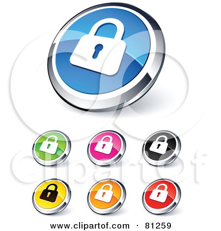 Royalty-Free (RF) Clipart Illustration of a Digital Collage Of Shiny Colored And Chrome Secured Padlock Website Buttons by beboy
