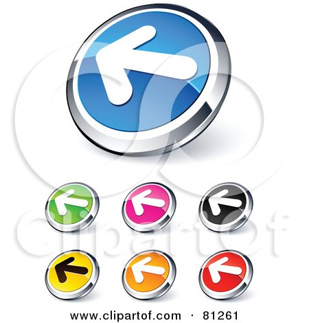 Royalty-Free (RF) Clipart Illustration of a Digital Collage Of Shiny Colored And Chrome Solid Left Arrow Website Buttons by beboy