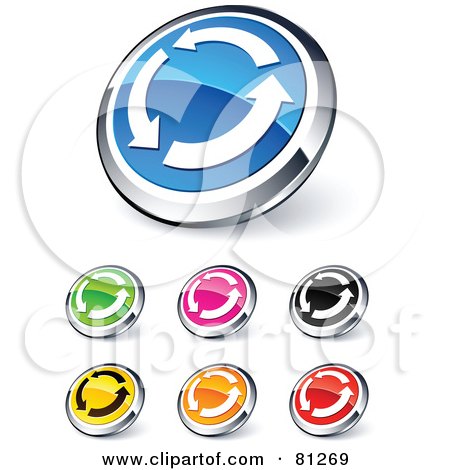 Royalty-Free (RF) Clipart Illustration of a Digital Collage Of Shiny Colored And Chrome Refreseh Circling Arrows Website Buttons by beboy