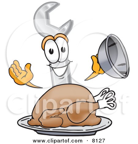 Clipart Picture of a Wrench Mascot Cartoon Character Serving a Thanksgiving Turkey on a Platter by Mascot Junction