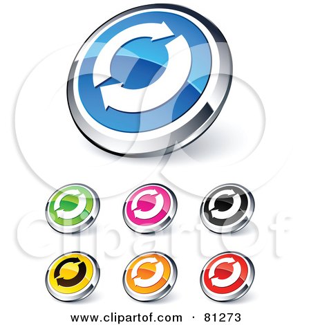 Royalty-Free (RF) Clipart Illustration of a Digital Collage Of Shiny Colored And Chrome Circling Renew Arrows Website Buttons by beboy