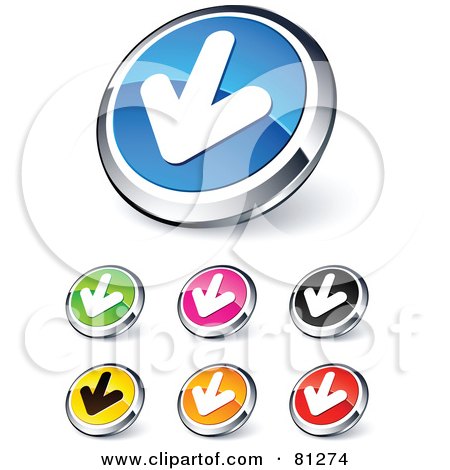Royalty-Free (RF) Clipart Illustration of a Digital Collage Of Shiny Colored And Chrome Solid Down Arrow Website Buttons by beboy