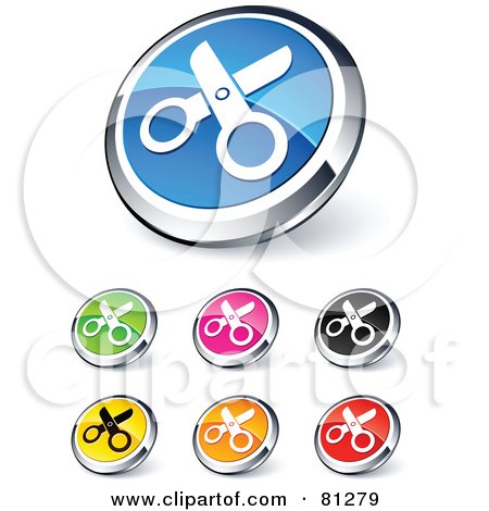 Royalty-Free (RF) Clipart Illustration of a Digital Collage Of Shiny Colored And Chrome Scissors Website Buttons by beboy