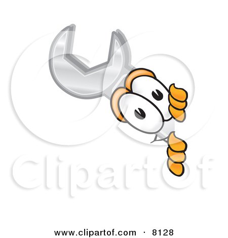 Clipart Picture of a Wrench Mascot Cartoon Character Peeking Around a Corner by Mascot Junction