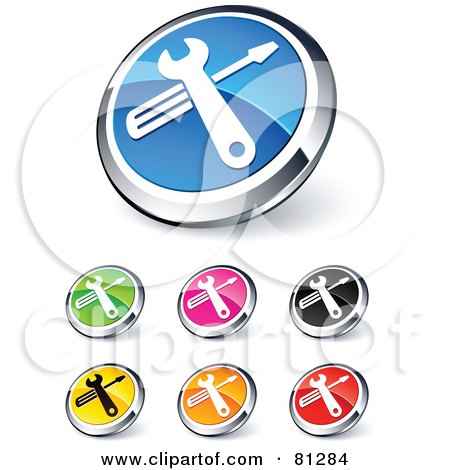 Royalty-Free (RF) Clipart Illustration of a Digital Collage Of Shiny Colored And Chrome Tools Website Buttons by beboy