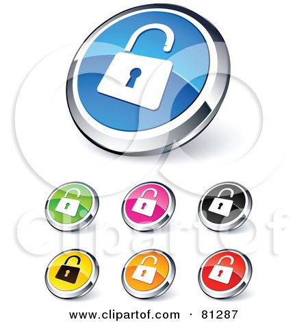 Royalty-Free (RF) Clipart Illustration of a Digital Collage Of Shiny Colored And Chrome Open Padlock Website Buttons by beboy