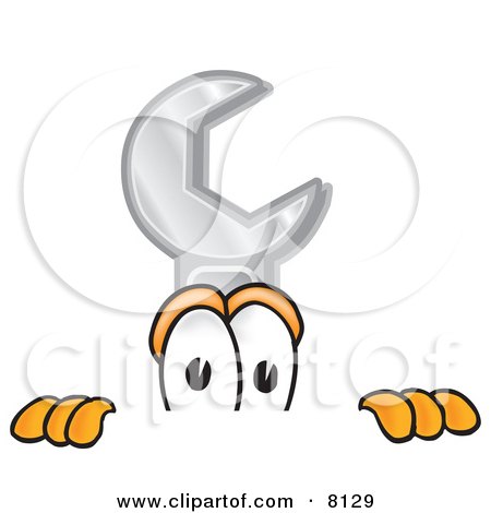 Clipart Picture of a Wrench Mascot Cartoon Character Peeking Over a Surface by Mascot Junction