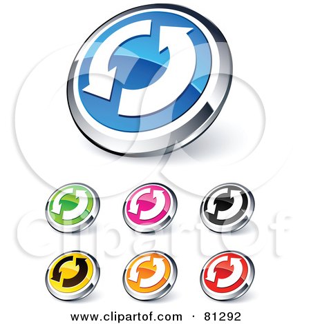 Royalty-Free (RF) Clipart Illustration of a Digital Collage Of Shiny Colored And Chrome Renew Circling Arrows Website Buttons by beboy