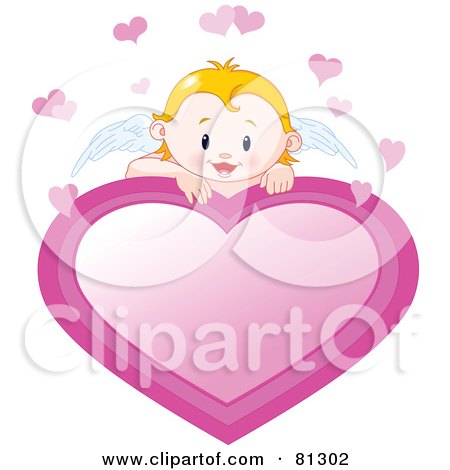 Royalty-Free (RF) Clipart Illustration of a Blond Cupid Baby Looking Over A Pink Heart Sign by Pushkin