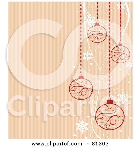 Royalty-Free (RF) Clipart Illustration of a Striped Christmas Background With Red Ornaments And White Snowflakes by Pushkin