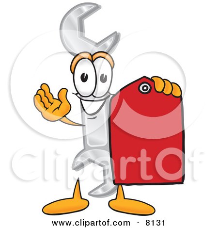 Clipart Picture of a Wrench Mascot Cartoon Character Holding a Red Sales Price Tag by Mascot Junction