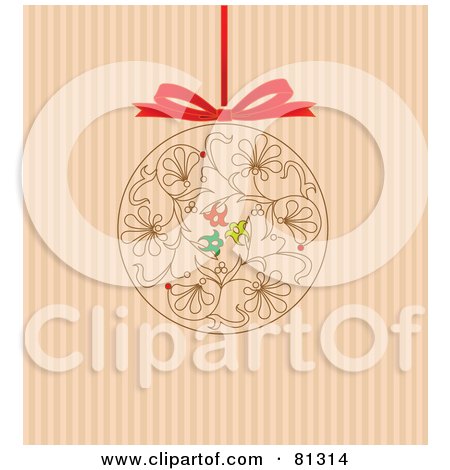 Royalty-Free (RF) Clipart Illustration of a Floral Scroll Christmas Ornament Hanging From A Red Ribbon, On A Striped Background by Pushkin