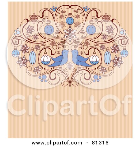 Royalty-Free (RF) Clipart Illustration of Two Love Birds In An Ornamental Scroll With Christmas Baubles On A Striped Background by Pushkin