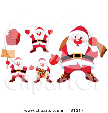 Royalty-Free (RF) Clipart Illustration of a Digital Collage Of Cute Santas With Bags, Presents And Signs by Pushkin