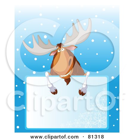Royalty-Free (RF) Clipart Illustration of a Grinning Christmas Moose Looking Over A Blank Snowflake Sign by Pushkin