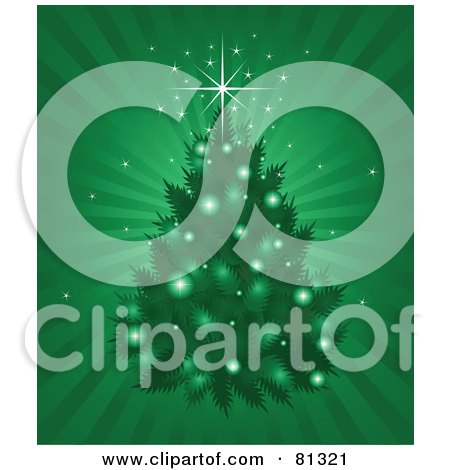 Royalty-Free (RF) Clipart Illustration of a Green Shining Background With A Christmas Tree by Pushkin