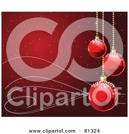Royalty-Free (RF) Clipart Illustration of a Red Snowy Christmas Background With Swooshes And Red Frosted Baubles by Pushkin