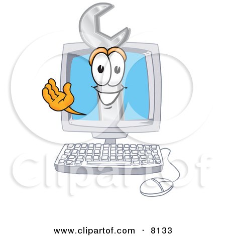 Clipart Picture of a Wrench Mascot Cartoon Character Waving From Inside a Computer Screen by Mascot Junction