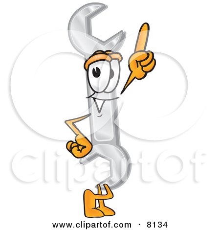 Clipart Picture of a Wrench Mascot Cartoon Character Pointing Upwards by Mascot Junction