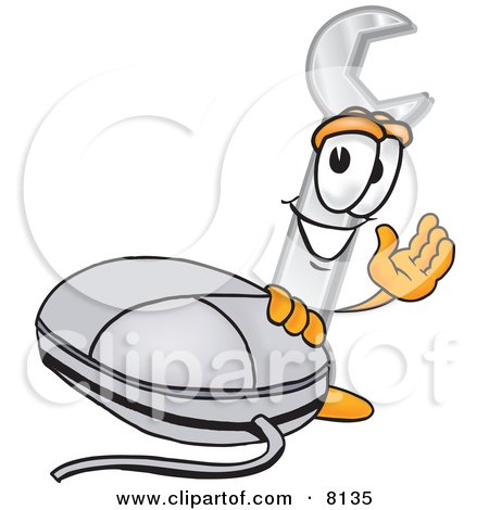 Clipart Picture of a Wrench Mascot Cartoon Character With a Computer Mouse by Mascot Junction