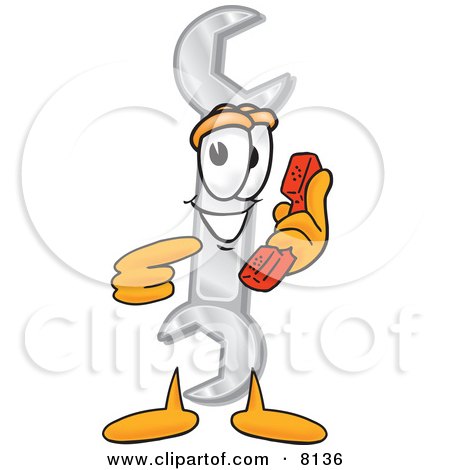 Clipart Picture of a Wrench Mascot Cartoon Character Holding a Telephone by Mascot Junction