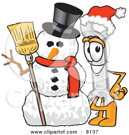 Clipart Picture of a Wrench Mascot Cartoon Character With a Snowman on Christmas by Mascot Junction