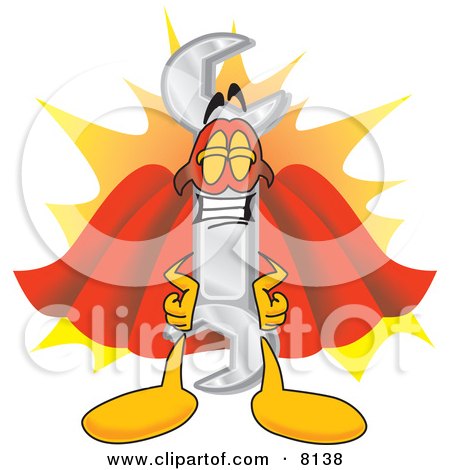 Clipart Picture of a Wrench Mascot Cartoon Character Dressed as a Super Hero by Mascot Junction