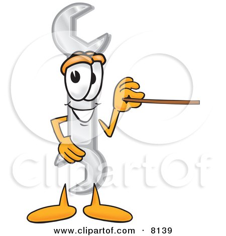 Clipart Picture of a Wrench Mascot Cartoon Character Holding a Pointer Stick by Mascot Junction