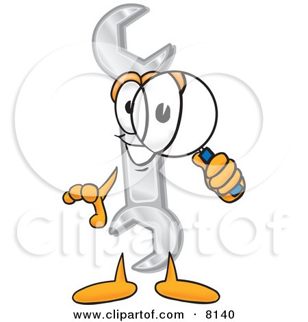 Clipart Picture of a Wrench Mascot Cartoon Character Looking Through a Magnifying Glass by Mascot Junction