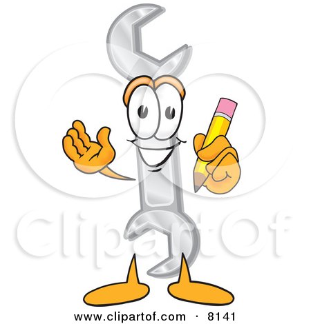 Clipart Picture of a Wrench Mascot Cartoon Character Holding a Pencil by Mascot Junction