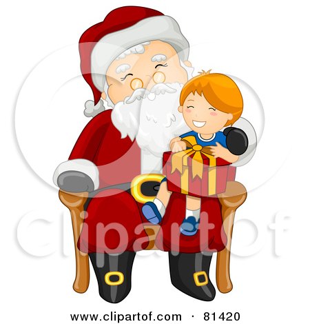 Royalty-Free (RF) Clipart Illustration of a Jolly St Nick Giving A Gift To A Happy Boy by BNP Design Studio