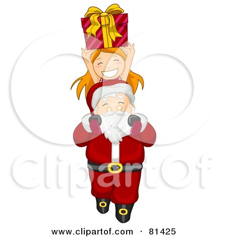 Royalty-Free (RF) Clipart Illustration of a Jolly St Nick Carrying A Happy Girl And Present Over His Head by BNP Design Studio