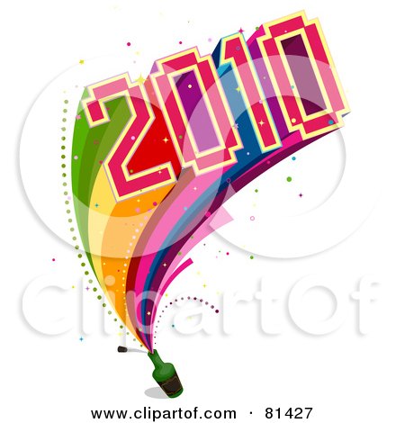 Royalty-Free (RF) Clipart Illustration of a Colorful 2010 Exploding From A Bottle With A Rainbow by BNP Design Studio