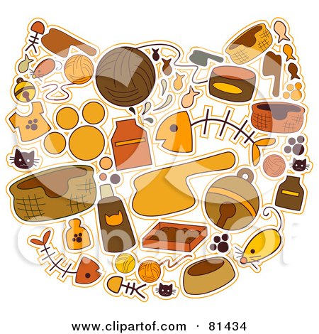 Royalty-Free (RF) Clipart Illustration of a Brown And Orange Collage Of Cat Items Forming A Cat Face by BNP Design Studio
