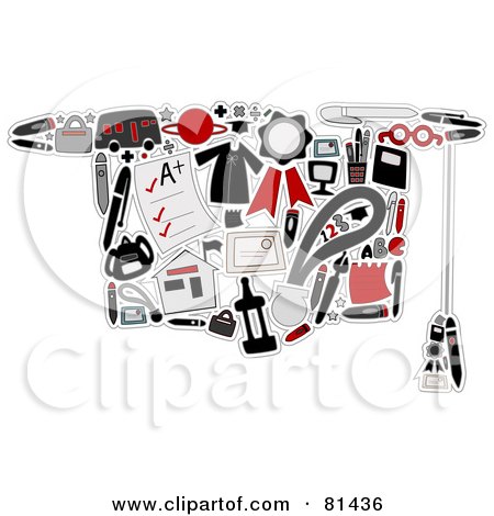 Royalty-Free (RF) Clipart Illustration of a Collage Of School Items Forming A Graduation Cap by BNP Design Studio
